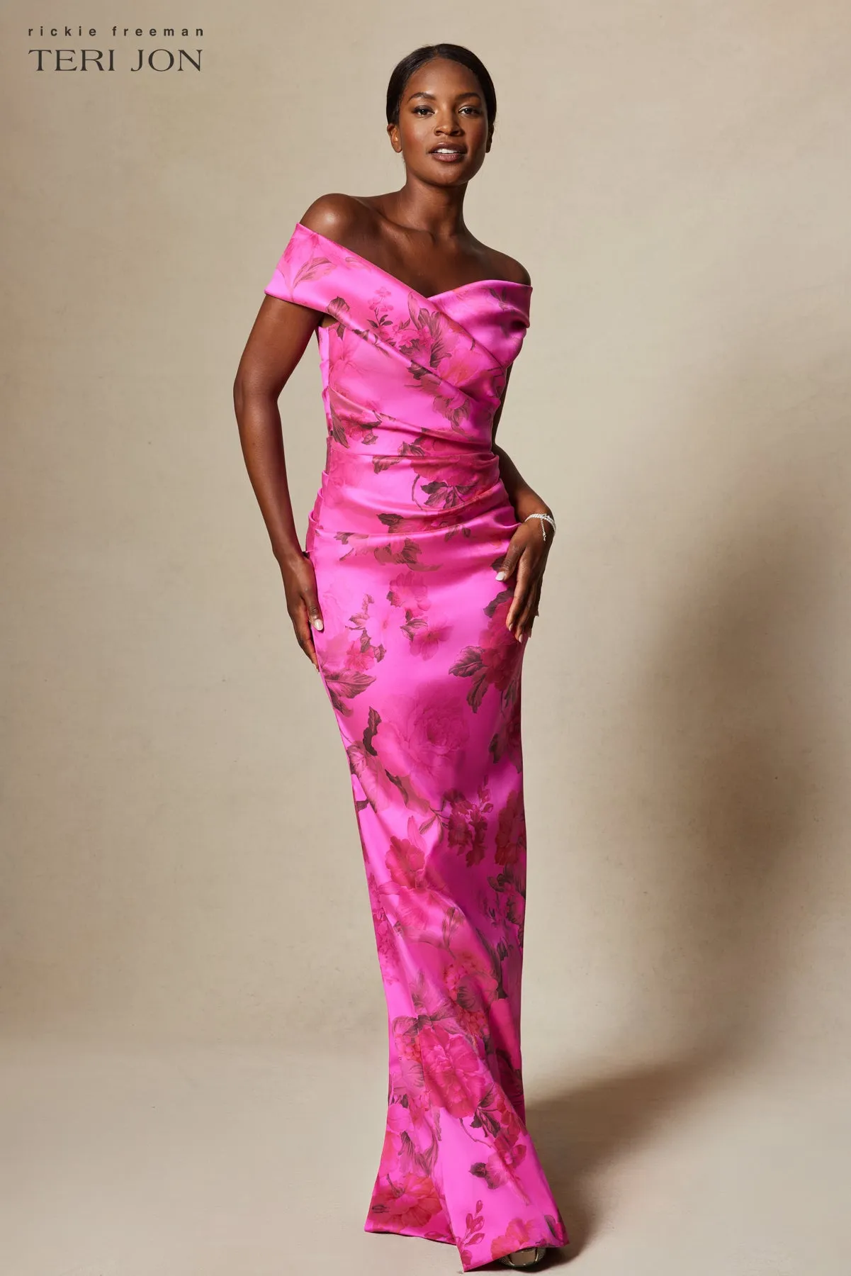 Stretch Printed Gazar Draped Off Shoulder Gown sold by Teri Jon