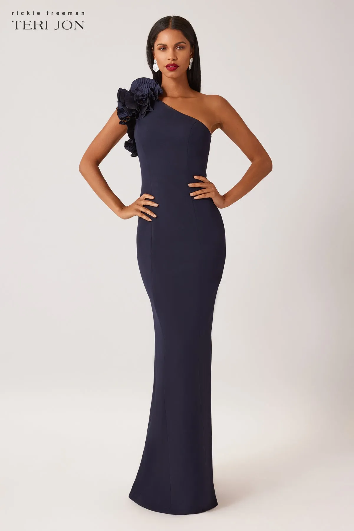 Crepe One Shoulder Column Evening Gown sold by Teri Jon