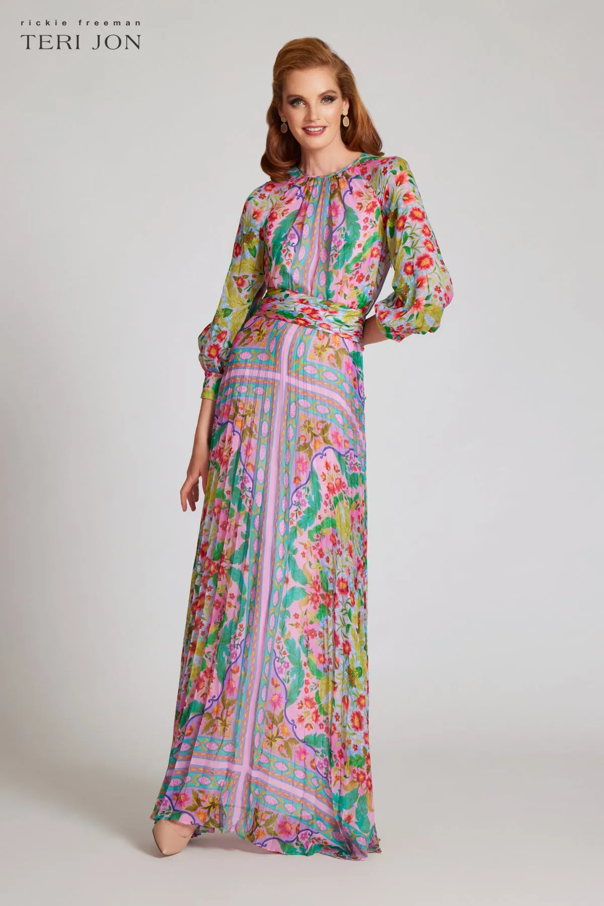 Patchwork Printed Chiffon Pleated Gown sold by Teri Jon product image thumbnail 2
