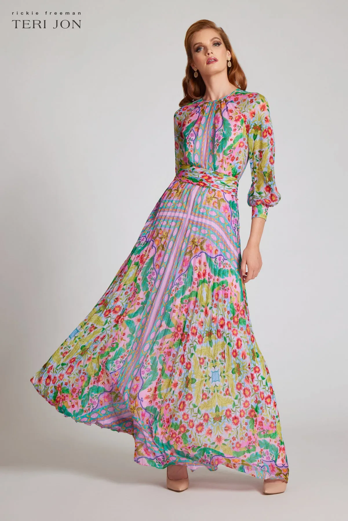 Patchwork Printed Chiffon Pleated Gown sold by Teri Jon