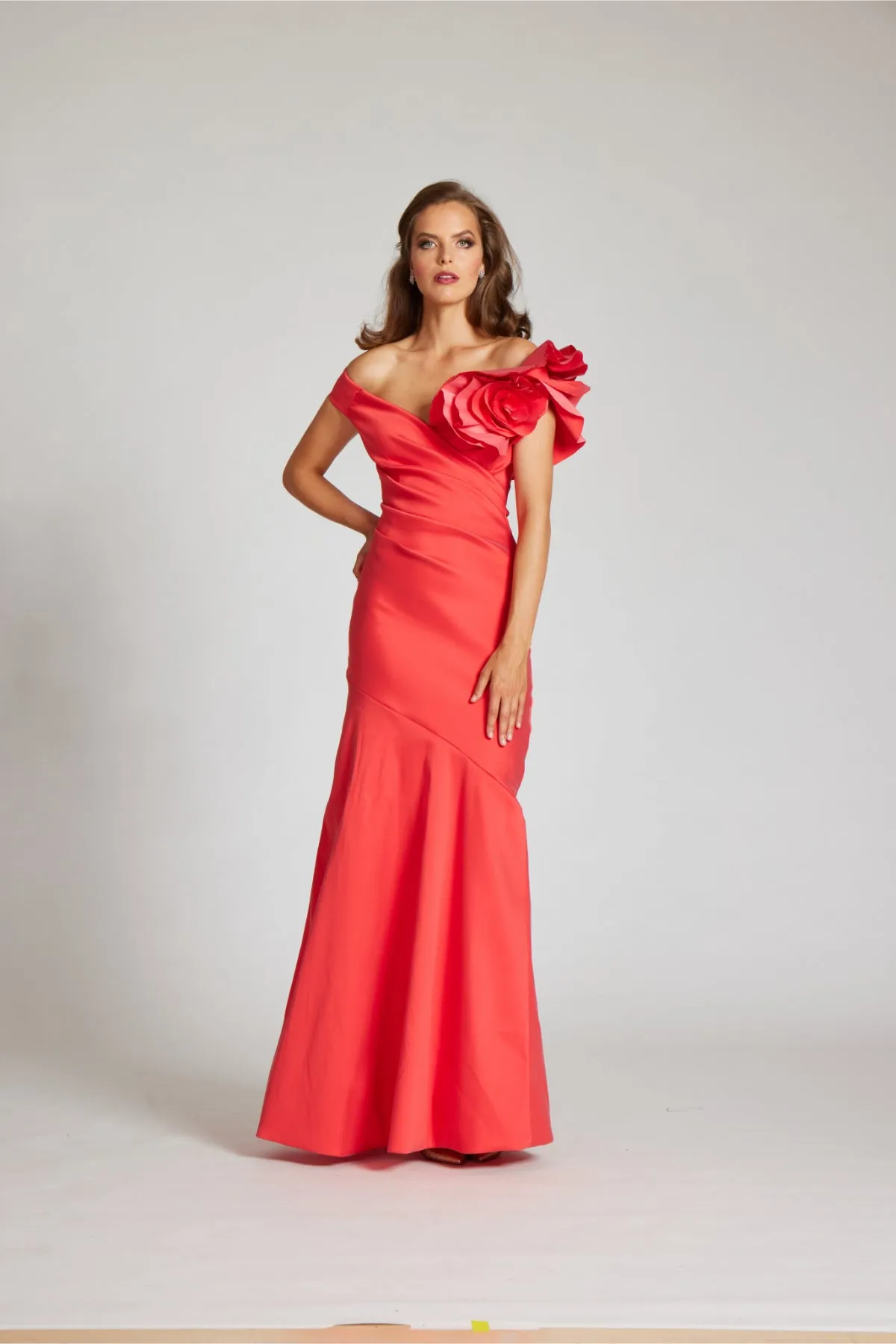 Stretch Gazar Off the Shoulder Side Drape Gown sold by Teri Jon product image thumbnail 3