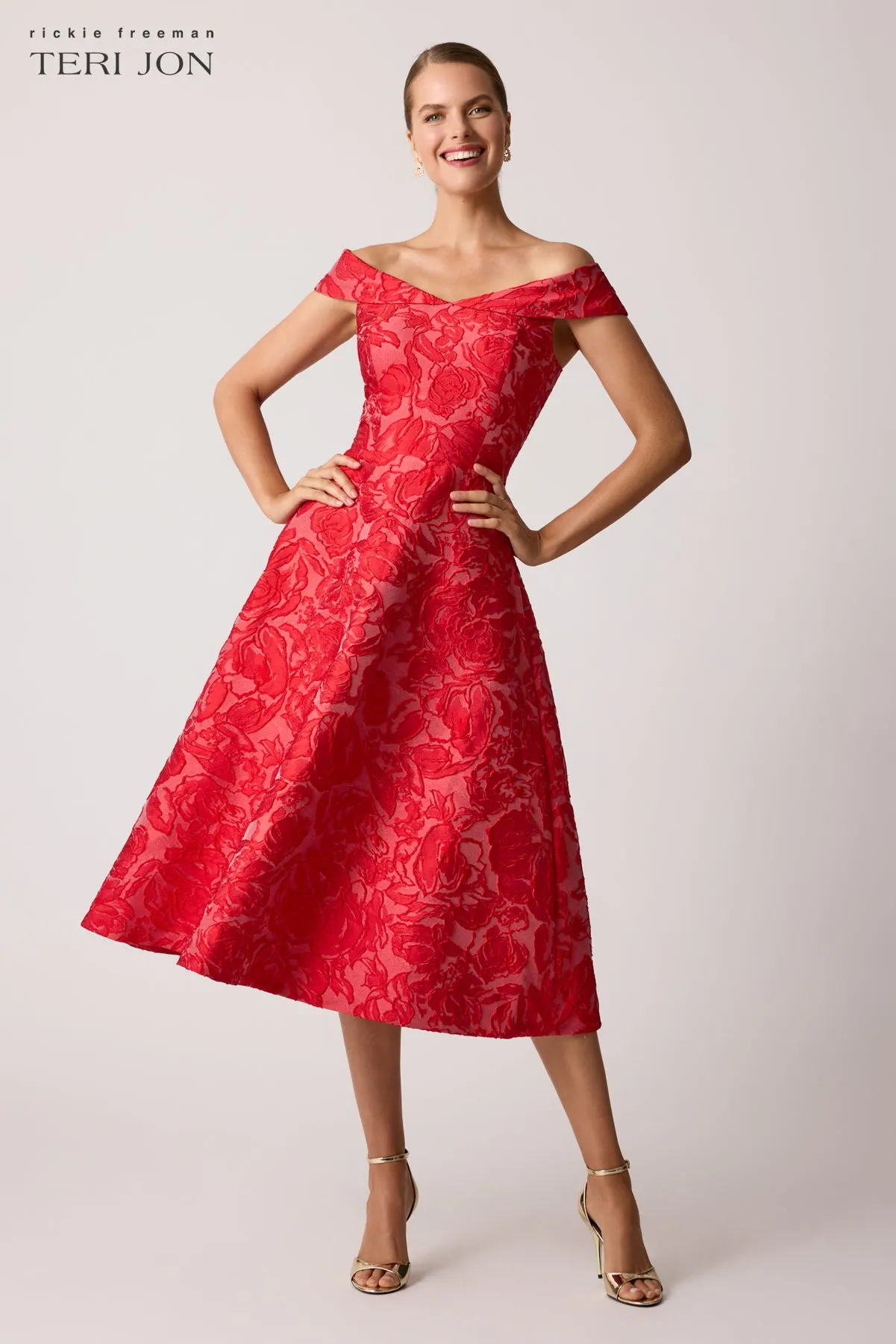 Jacquard Floral Off Shoulder Fit N Flare Dress sold by Teri Jon product image thumbnail 3
