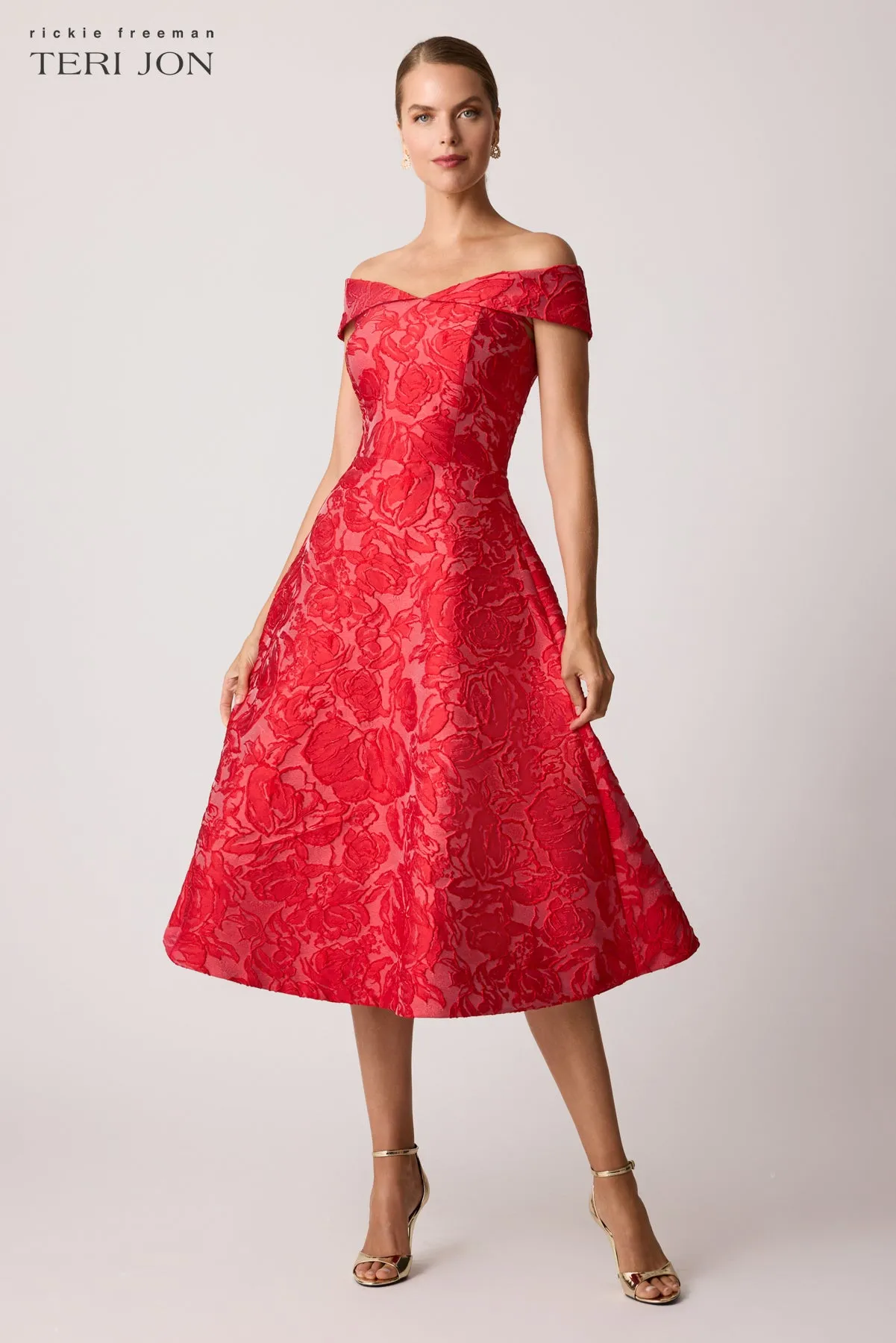 Jacquard Floral Off Shoulder Fit N Flare Dress sold by Teri Jon product image thumbnail 2