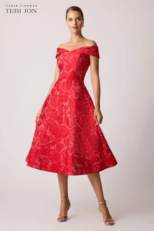 Jacquard Floral Off Shoulder Fit N Flare Dress sold by Teri Jon