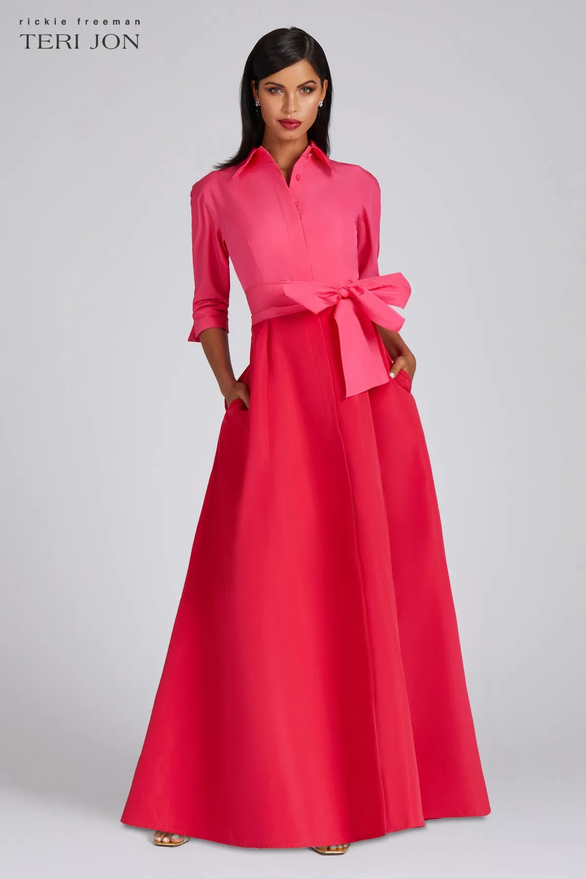 Taffeta Shirt Waist Gown In Fuchsia sold by Teri Jon