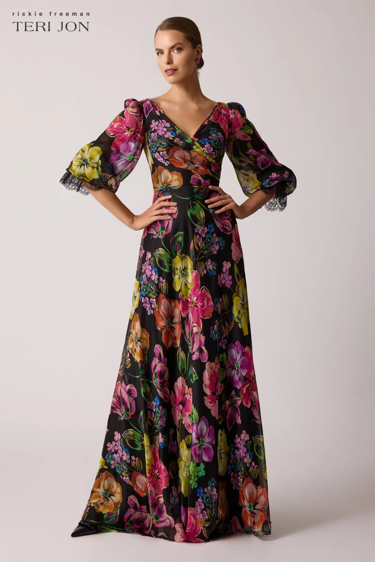 Floral Chiffon Bodice Lace Trim Sleeve Gown sold by Teri Jon