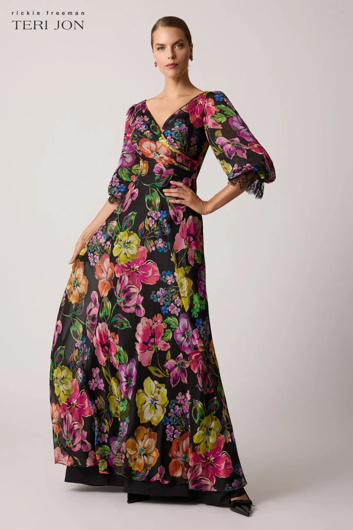 Floral Chiffon Bodice Lace Trim Sleeve Gown sold by Teri Jon product image thumbnail 2
