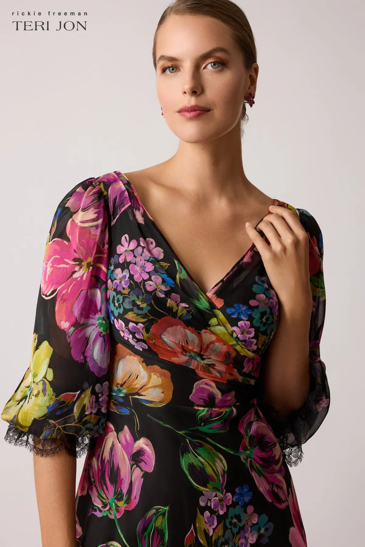 Floral Chiffon Bodice Lace Trim Sleeve Gown sold by Teri Jon product image thumbnail 3