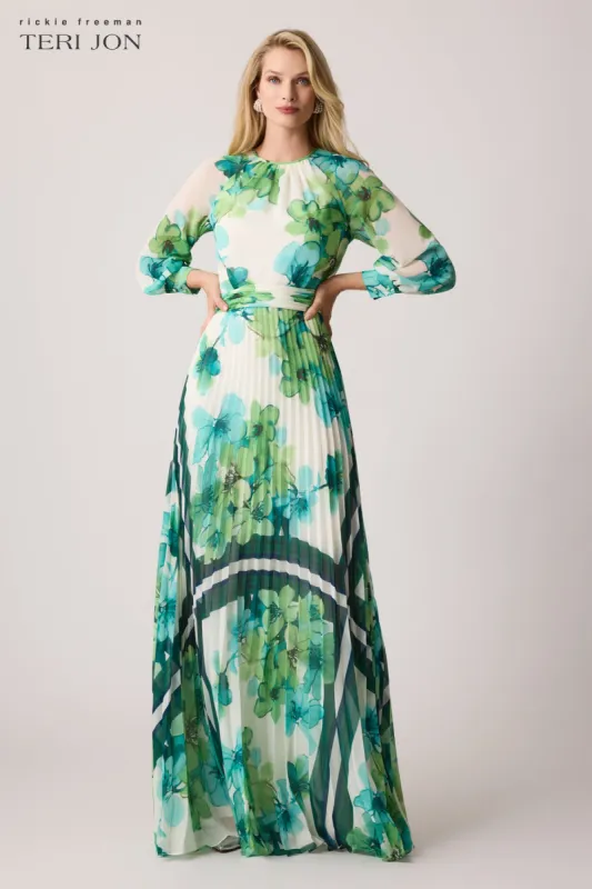 Chiffon Pleated Maxi Floral Print Gown sold by Teri Jon