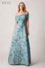 Metallic Jacquard Asymmetrical Off Shoulder Gown sold by Teri Jon