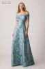 Metallic Jacquard Asymmetrical Off Shoulder Gown sold by Teri Jon