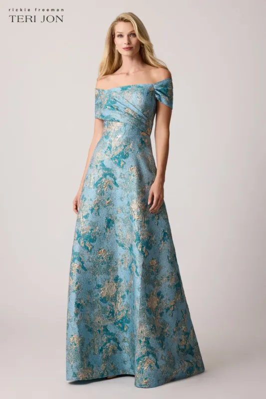Metallic Jacquard Asymmetrical Off Shoulder Gown sold by Teri Jon