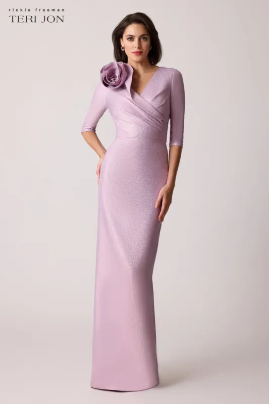 Metallic Jacquard Speckle Pattern Flower Gown sold by Teri Jon