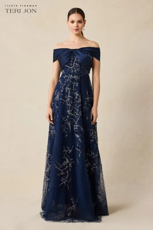 Taffeta Off Shoulder Twist Beaded Tulle Gown sold by Teri Jon