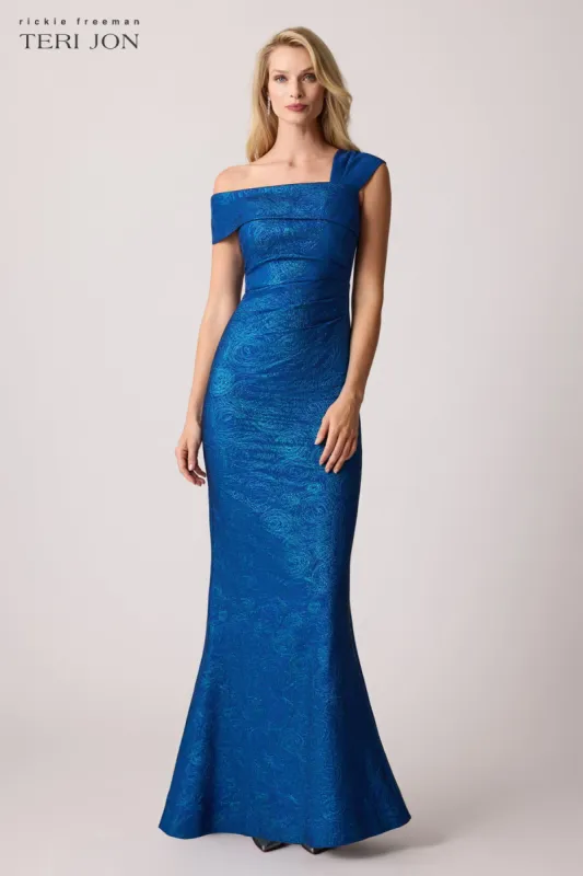 Stretch Jacquard Asymmetrical Swirl Gown sold by Teri Jon