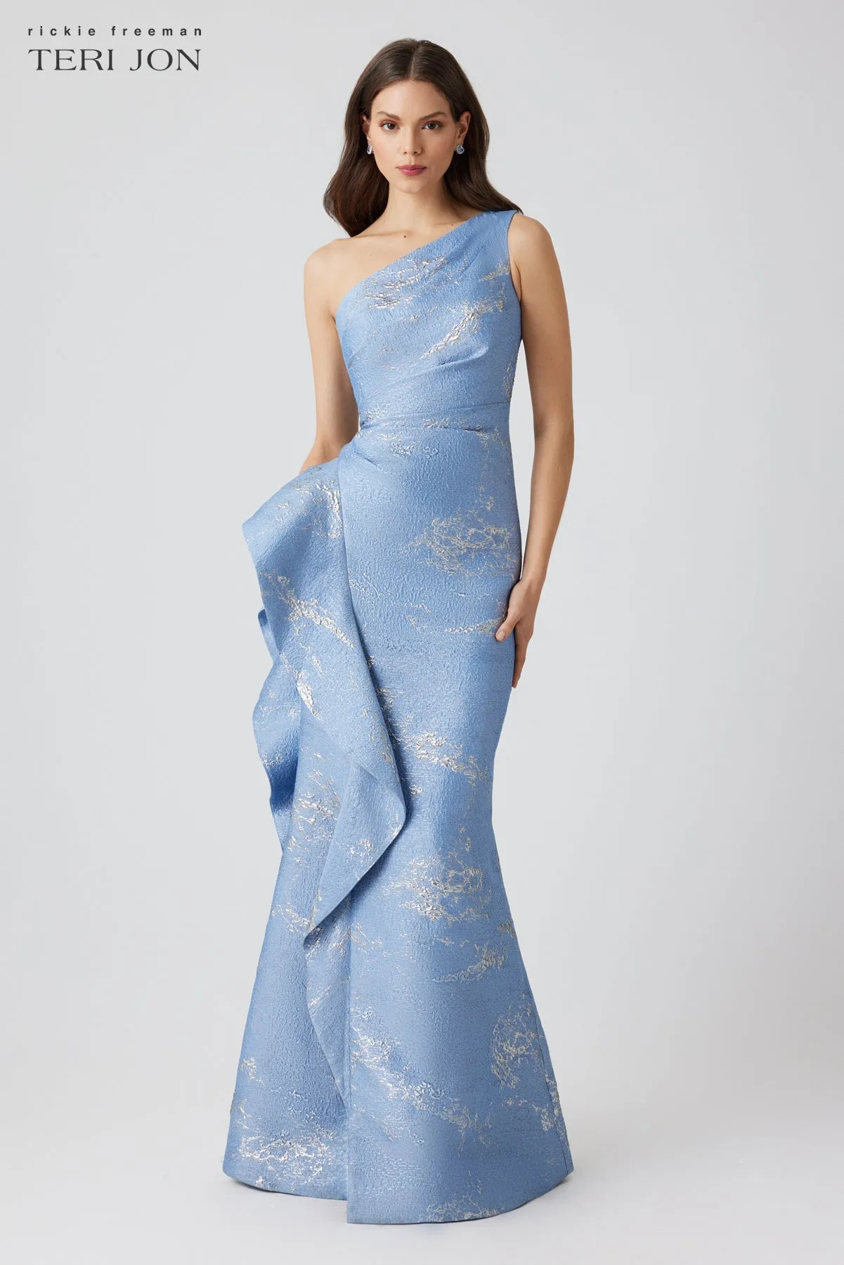 Metallic Jacquard One Shoulder Side Ruffle Gown sold by Teri Jon