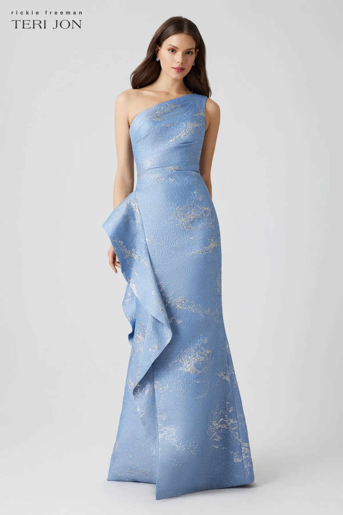 Metallic Jacquard One Shoulder Side Ruffle Gown sold by Teri Jon product image thumbnail 2