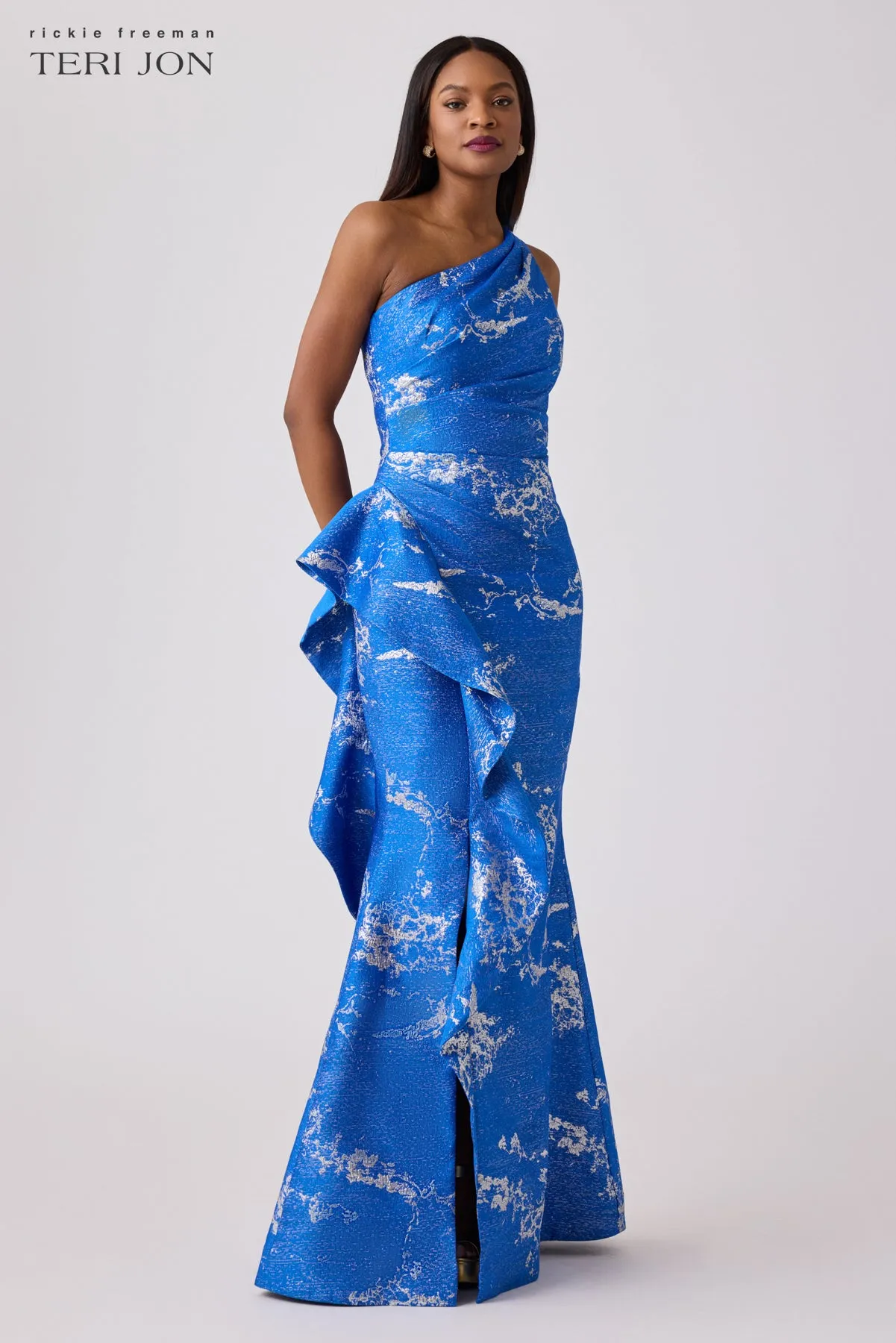 Metallic Jacquard One Shoulder Side Ruffle Gown sold by Teri Jon product image thumbnail 4