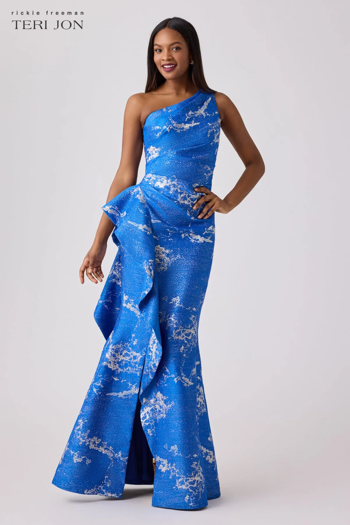 Metallic Jacquard One Shoulder Side Ruffle Gown sold by Teri Jon product image thumbnail 3