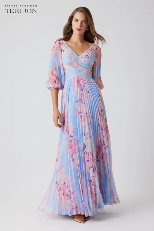 Printed Chiffon Pleated V Neck Gown sold by Teri Jon