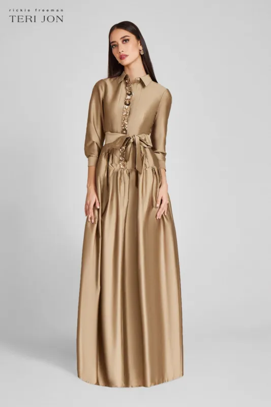 Taffeta Shirtdress Gown With Beaded Placket sold by Teri Jon