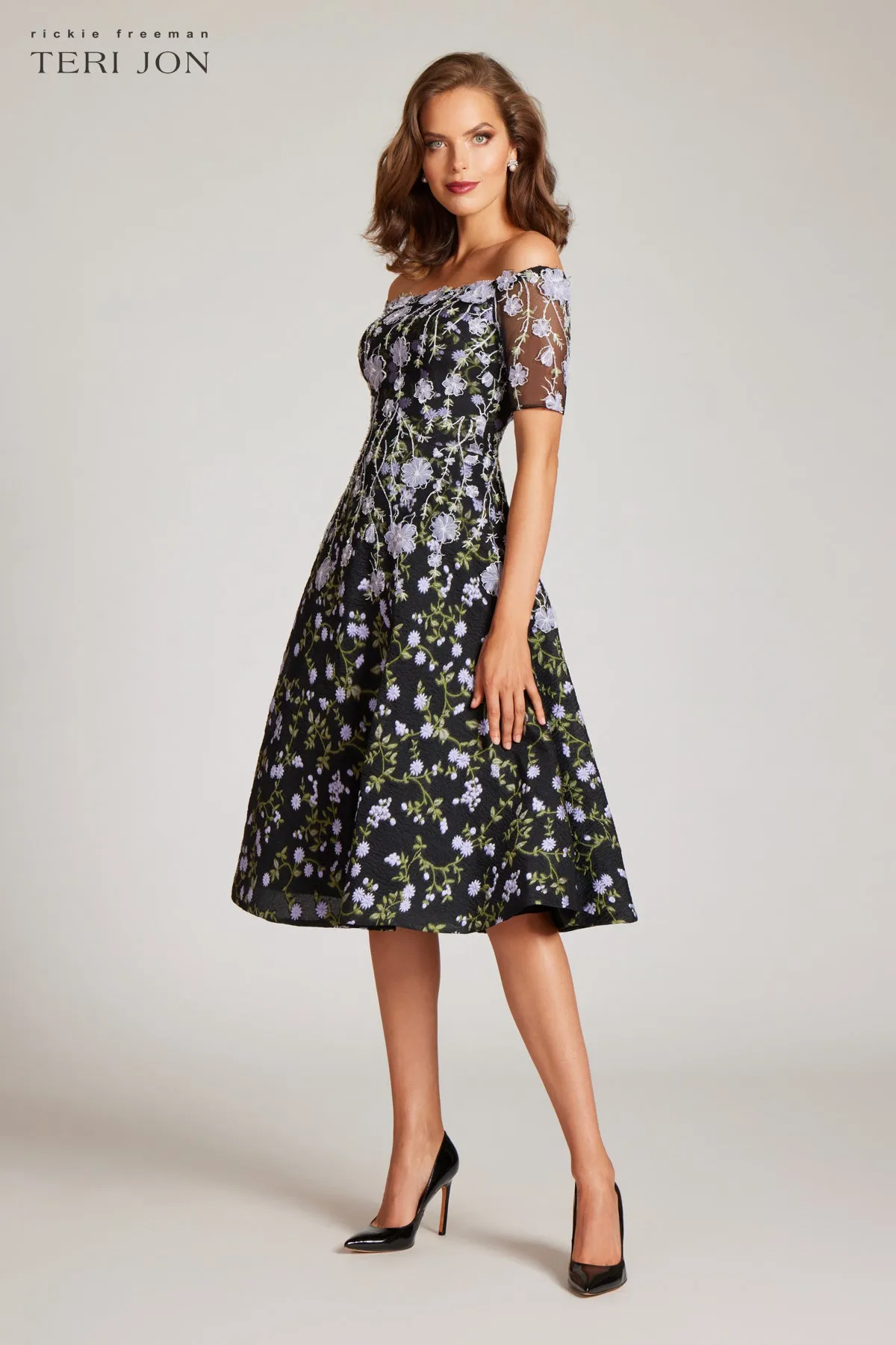 3D Embroidered Tulle With Flower And Beading sold by Teri Jon product image thumbnail 3