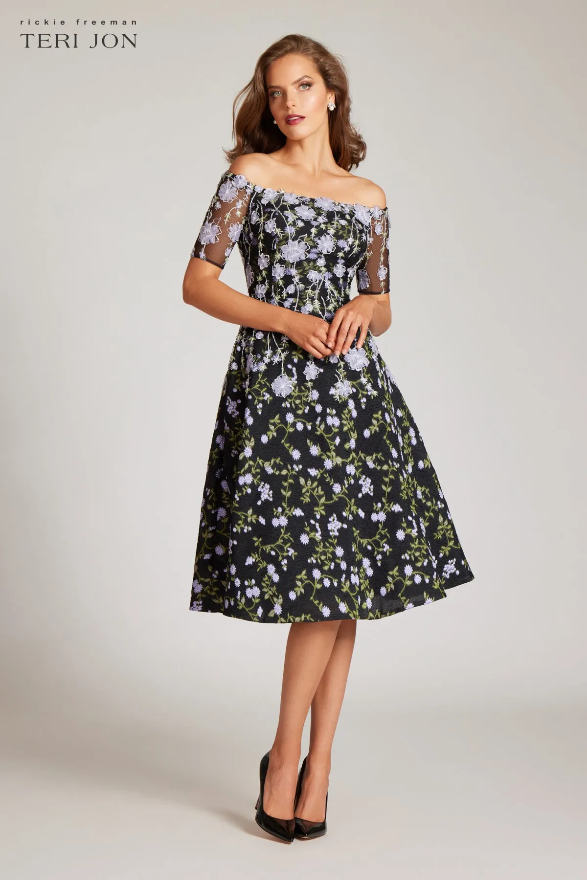 3D Embroidered Tulle With Flower And Beading sold by Teri Jon product image thumbnail 4