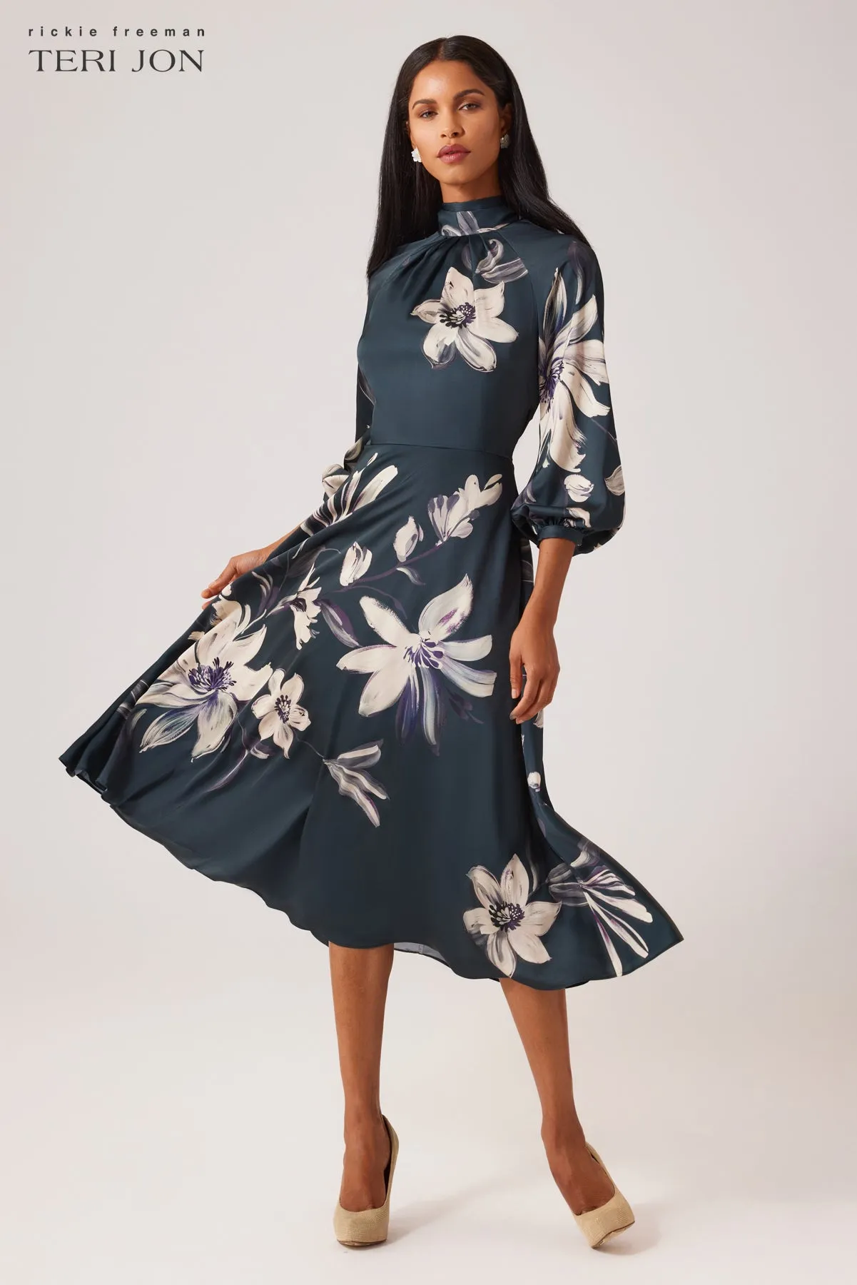 Twill Floral Print Tie Neck Dress sold by Teri Jon product image thumbnail 2