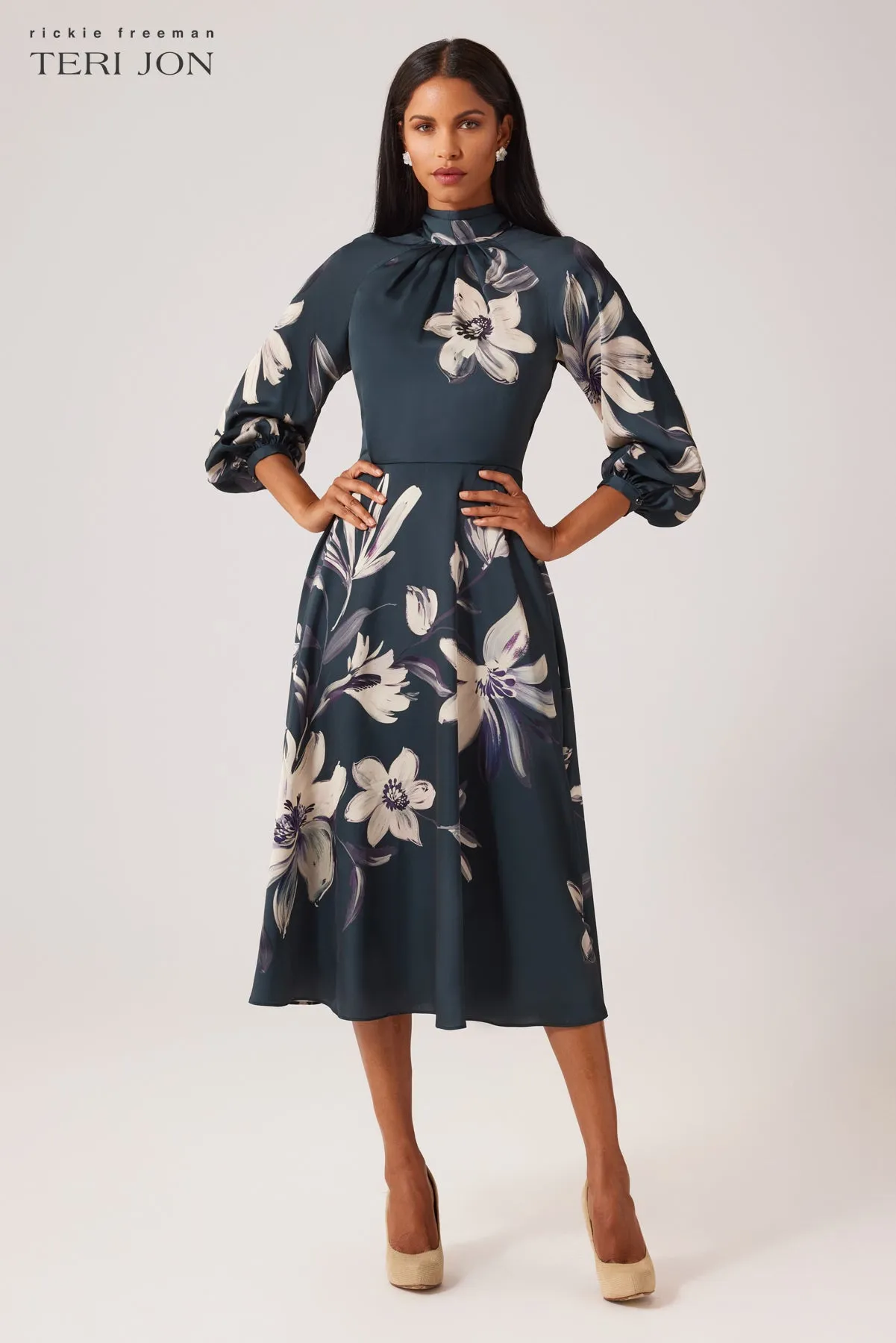 Twill Floral Print Tie Neck Dress sold by Teri Jon product image thumbnail 3