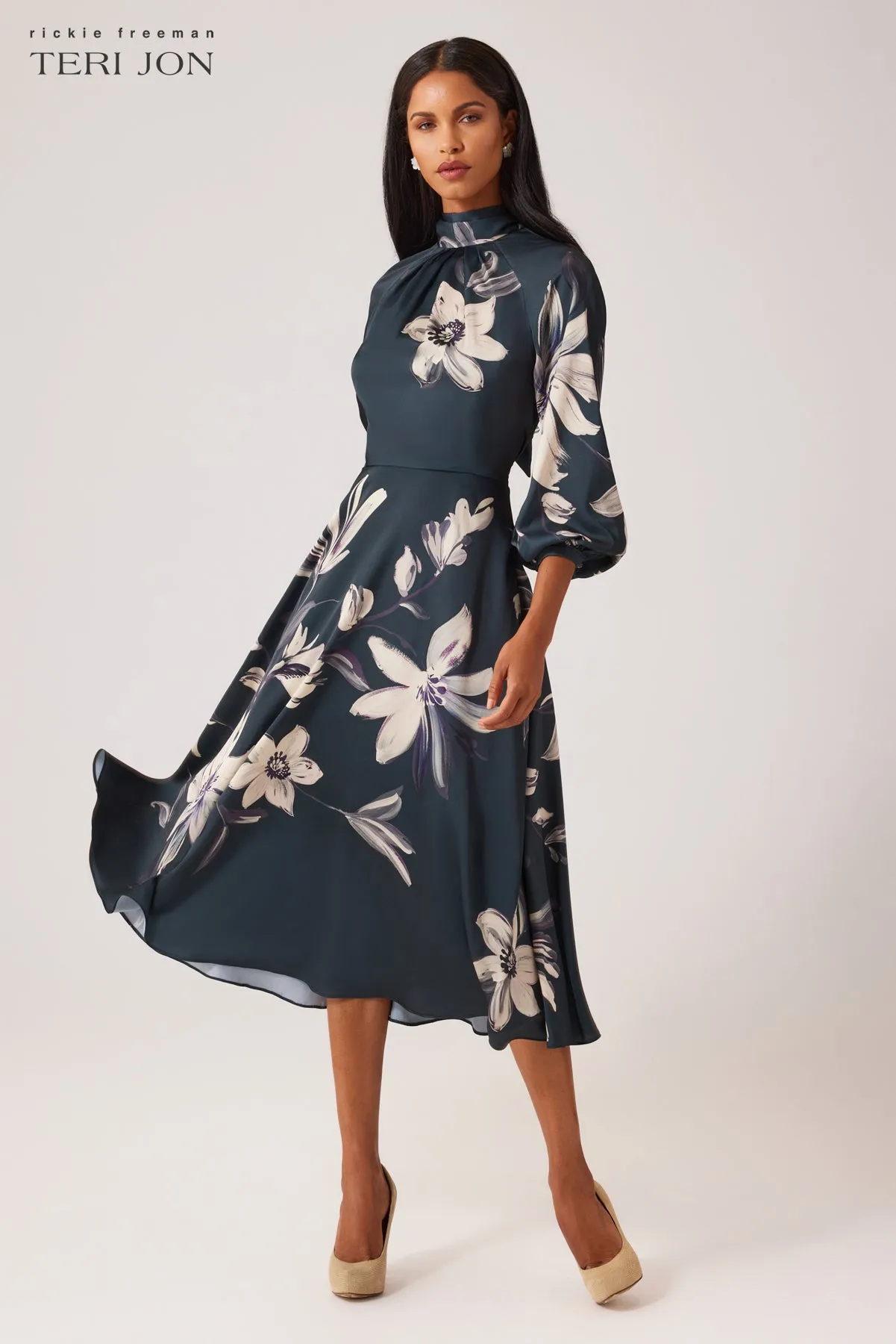 Twill Floral Print Tie Neck Dress sold by Teri Jon