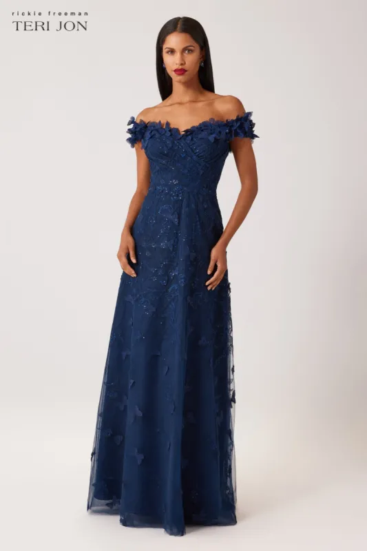 Butterfly Applique 3D Lace And Tulle Gown sold by Teri Jon