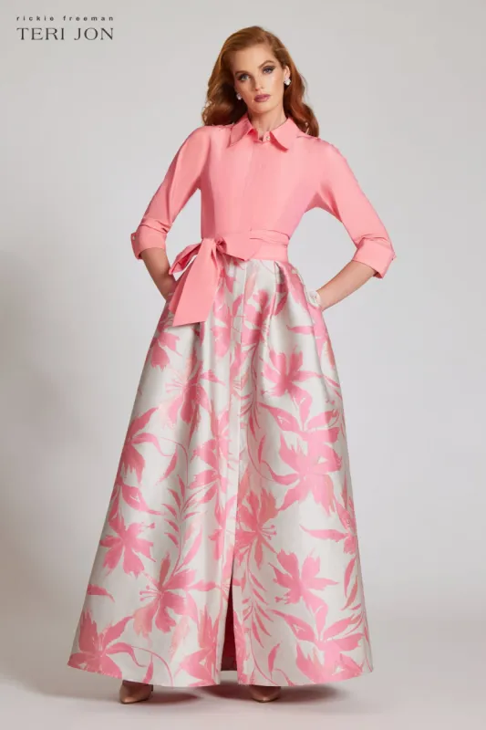 Taffeta Shirt Dress with Floral Jacquard sold by Teri Jon