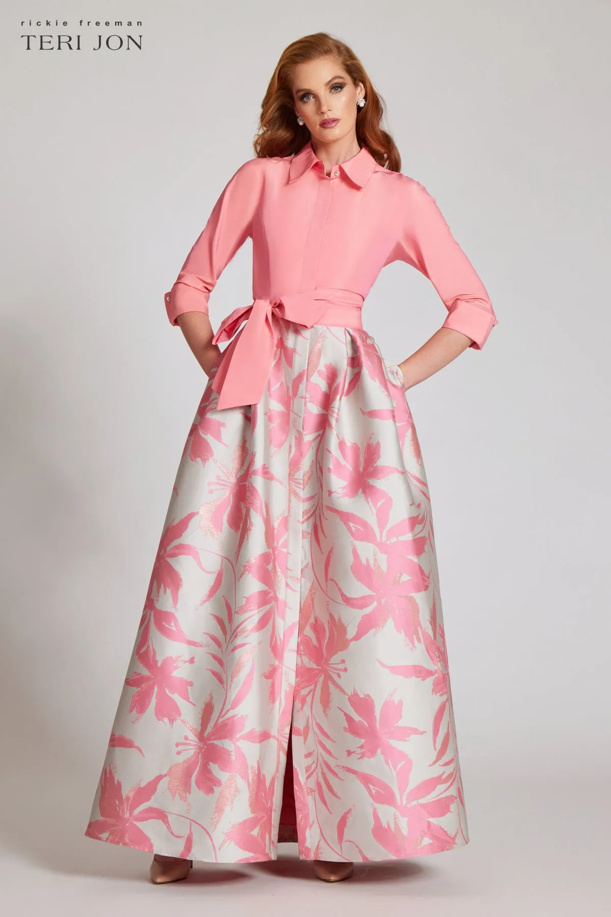 Taffeta Shirt Dress with Floral Jacquard sold by Teri Jon