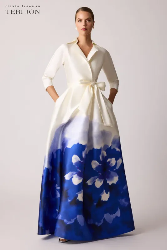 Mikado Watercolor Border Print Shirt Gown sold by Teri Jon