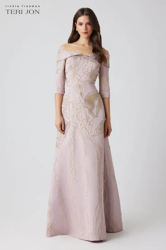 Jacquard Folded Off Shoulder Elbow Sleeve Gown sold by Teri Jon