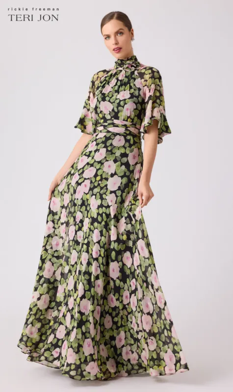 Chiffon Floral Flutter Sleeve Mock Neck sold by Teri Jon