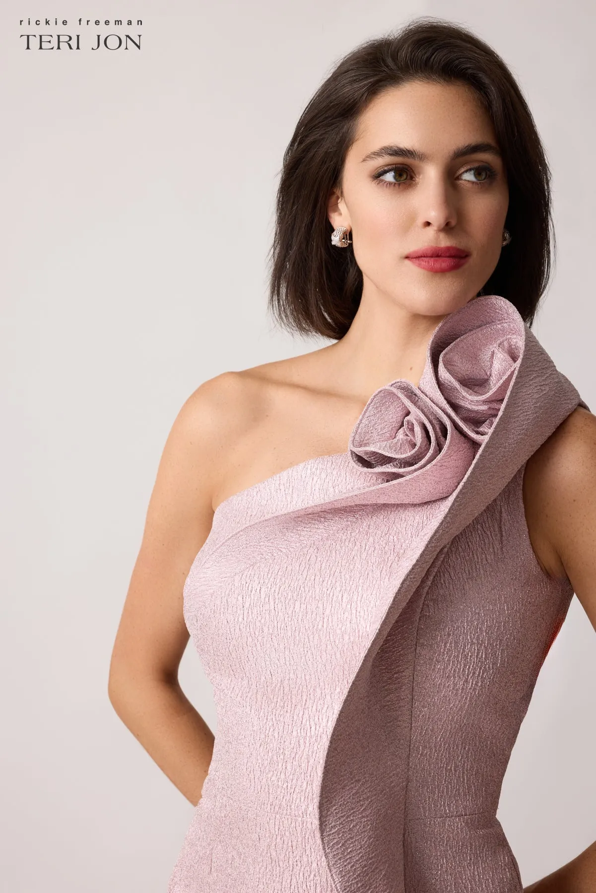 Jacquard One Shoulder Cocktail Dress with Floral Trim sold by Teri Jon product image thumbnail 3