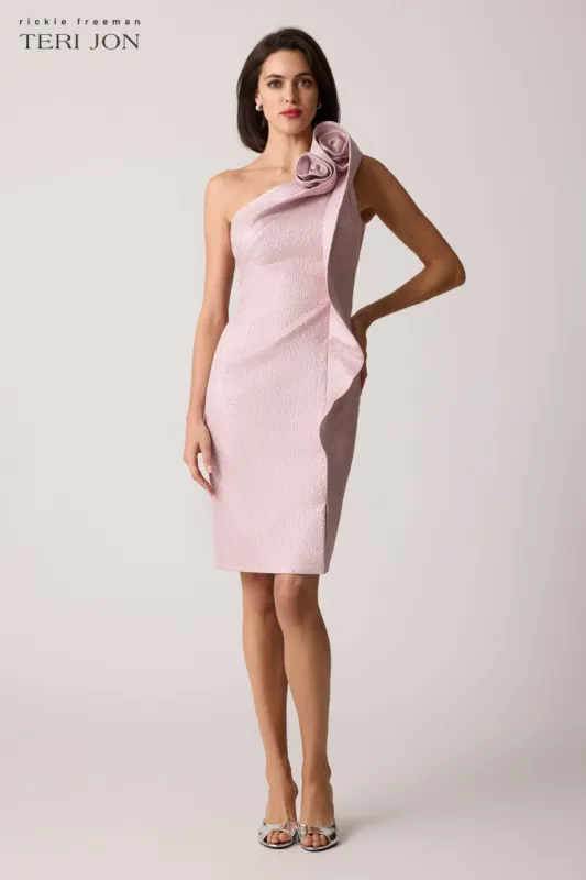 Jacquard One Shoulder Cocktail Dress with Floral Trim sold by Teri Jon