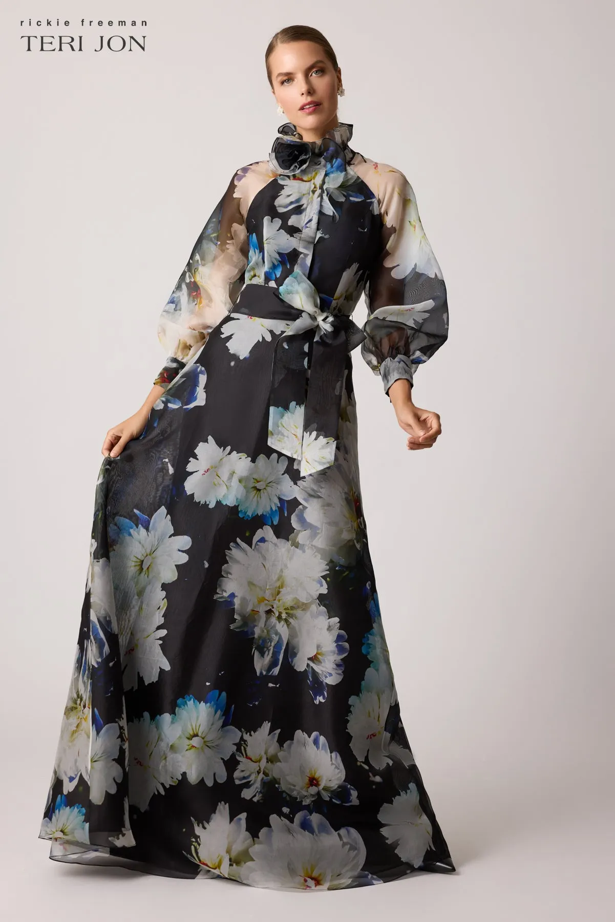 Organza Floral Printed Ruffle Neck Gown sold by Teri Jon product image thumbnail 2
