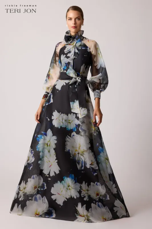 Organza Floral Printed Ruffle Neck Gown sold by Teri Jon