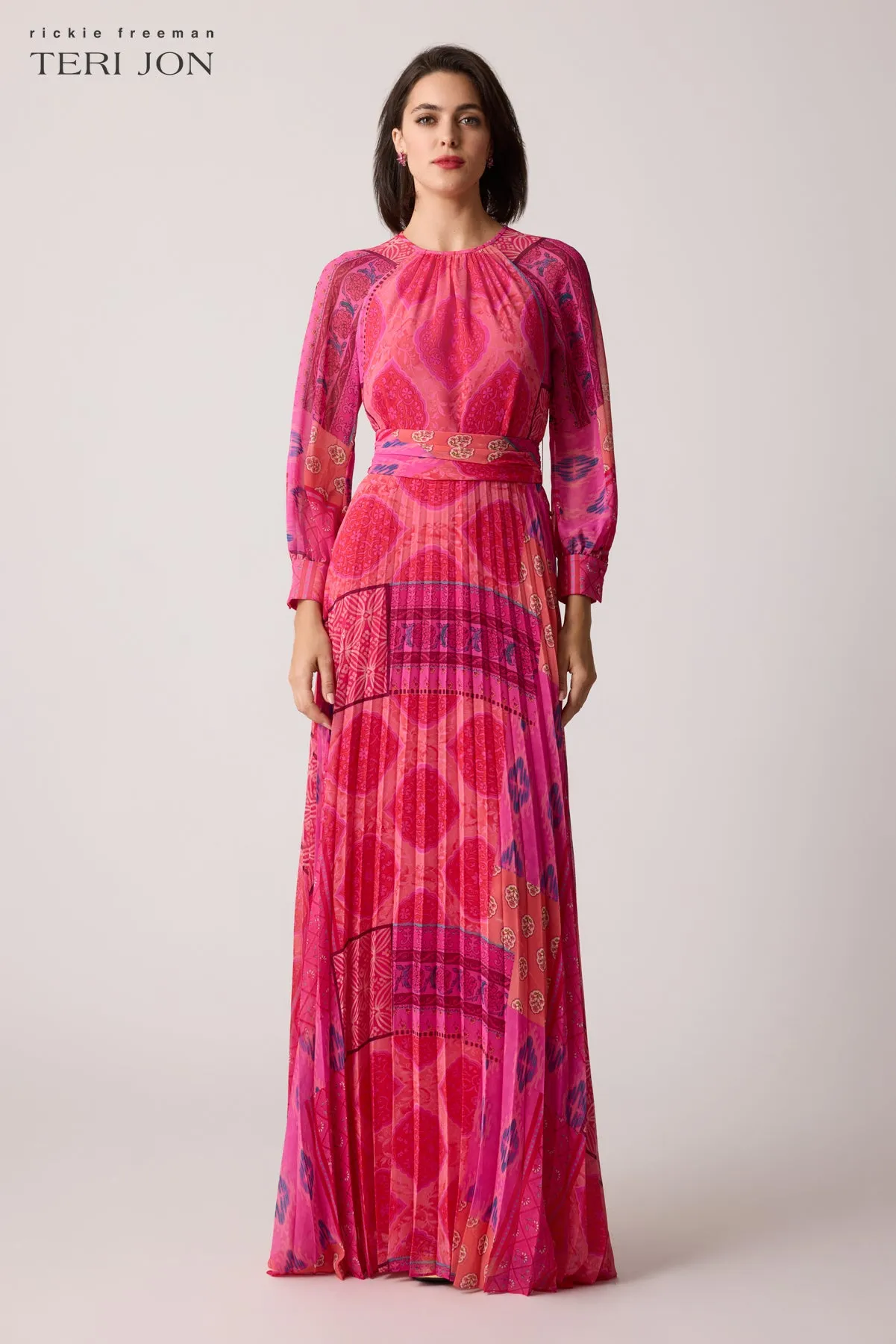 Chiffon Floral Pleated Maxi Gown sold by Teri Jon