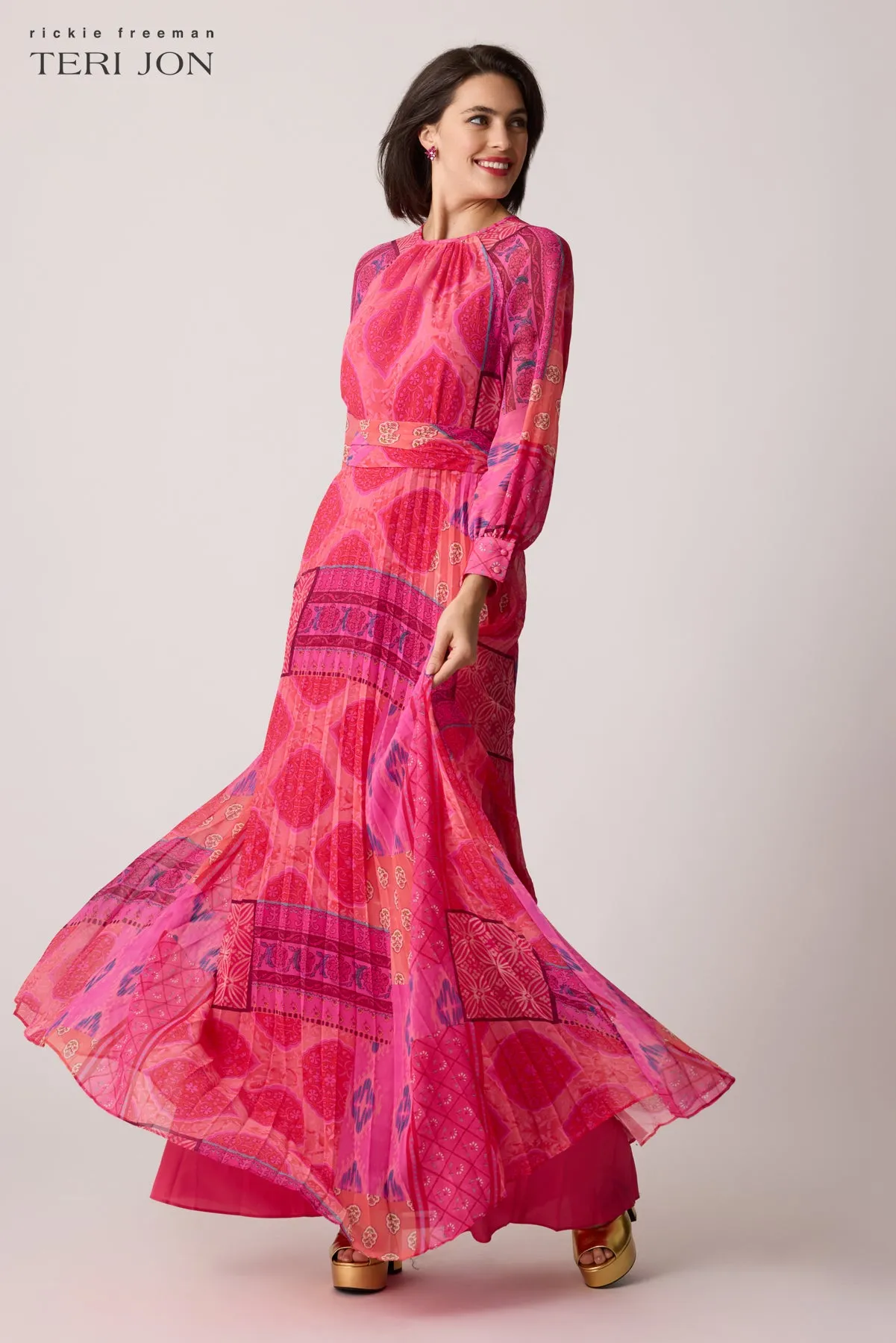 Chiffon Floral Pleated Maxi Gown sold by Teri Jon product image thumbnail 3