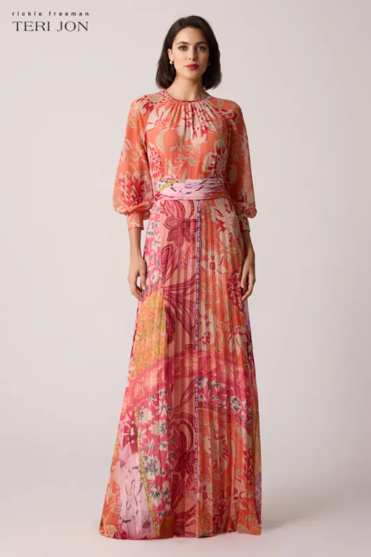 Chiffon Floral Geometric Pleated Maxi Gown sold by Teri Jon
