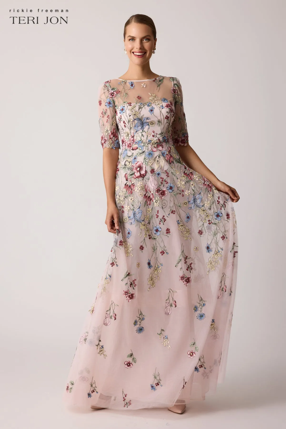 Floral Embroidered Tulle Elbow Gown sold by Teri Jon product image thumbnail 2