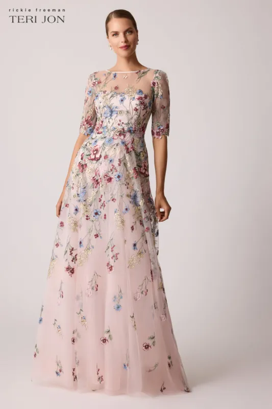 Floral Embroidered Tulle Elbow Gown sold by Teri Jon