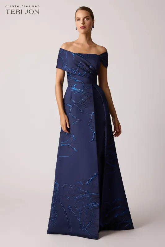 Jacquard Asymmetrical Aline Gown sold by Teri Jon