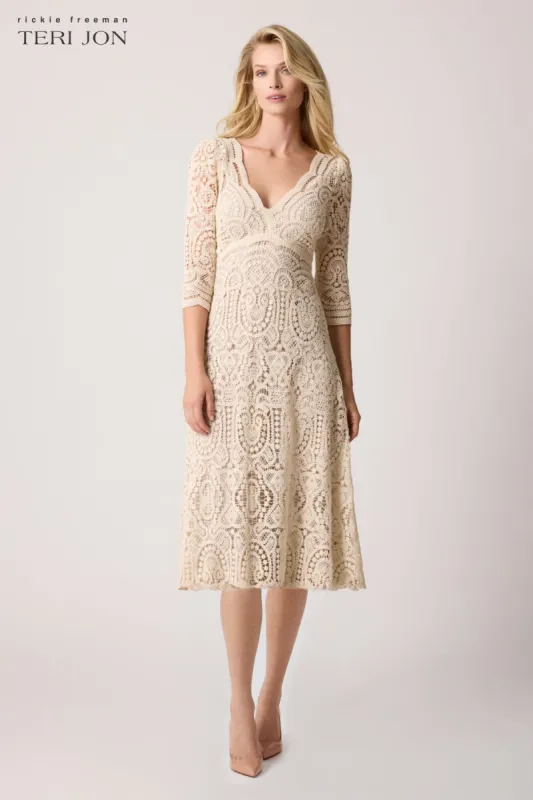 Crochet V Neck 3/4 Sleeve Midi Dress sold by Teri Jon