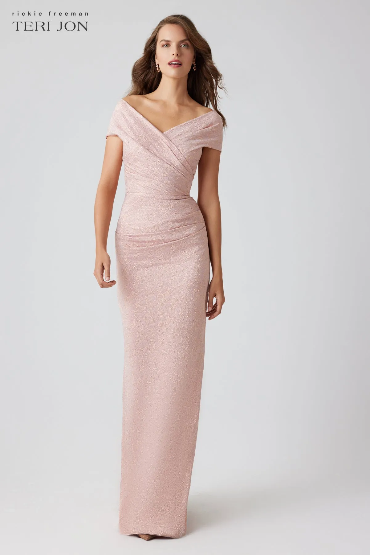 Metallic Jacquard Off The Shoulder Pleated Gown sold by Teri Jon