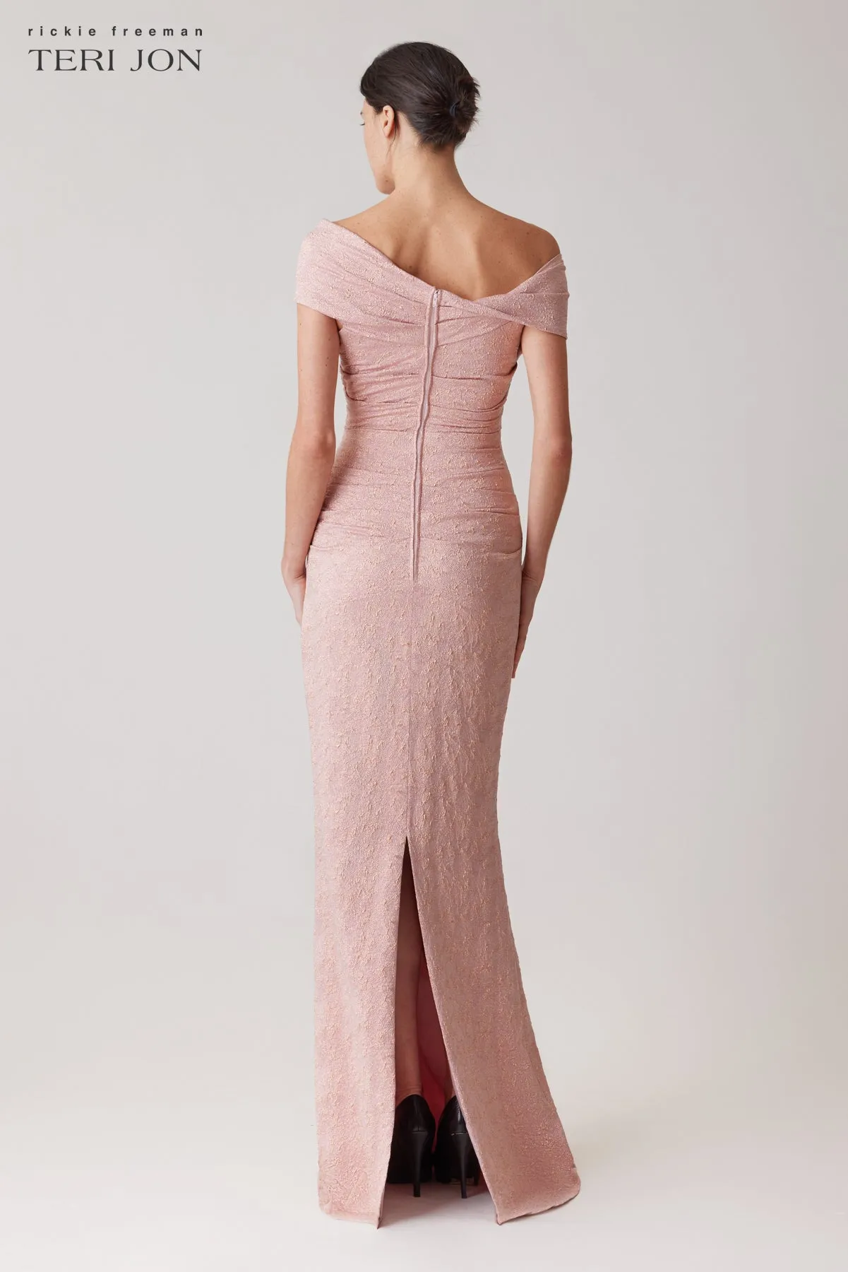 Metallic Jacquard Off The Shoulder Pleated Gown sold by Teri Jon product image thumbnail 3