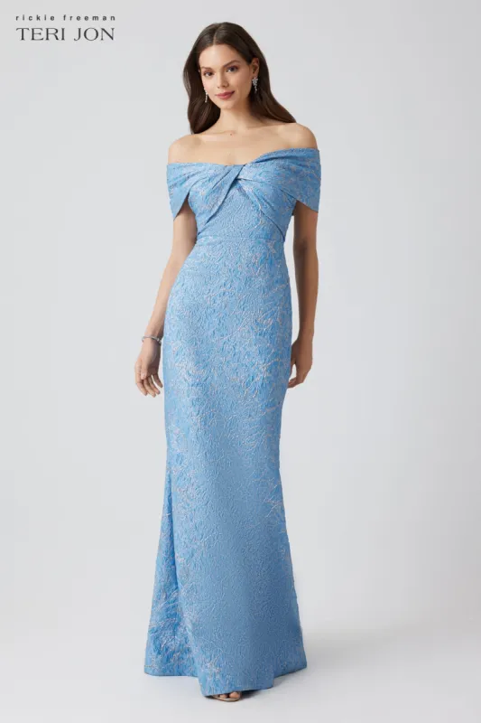 Jacquard Twist Bust Off Shoulder Mermaid Gown sold by Teri Jon